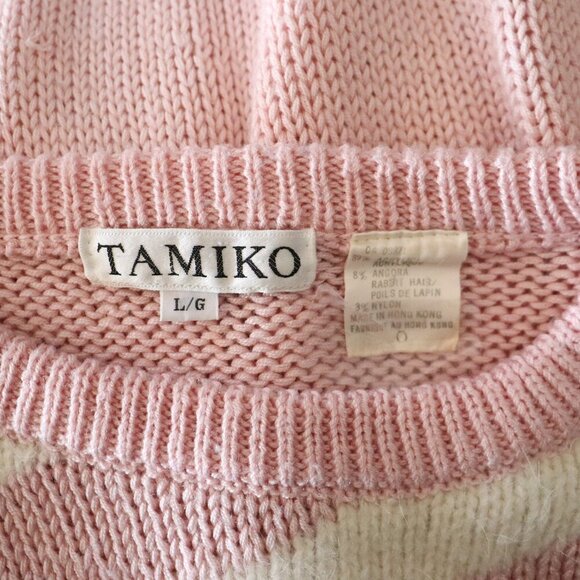 Vntg Tamiko Women's L Pink Angora/Rabbit Hair Pullover Crew Knit Ribbed Sweater - Picture 10 of 11